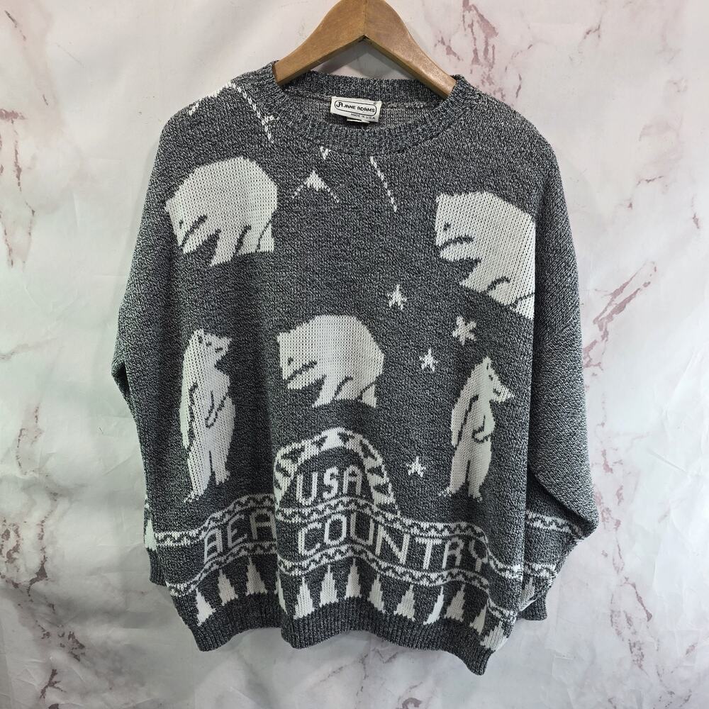 Vintage Sweater Womens 2X 2XL Gray Bear Country Mountains National Park Earthy
